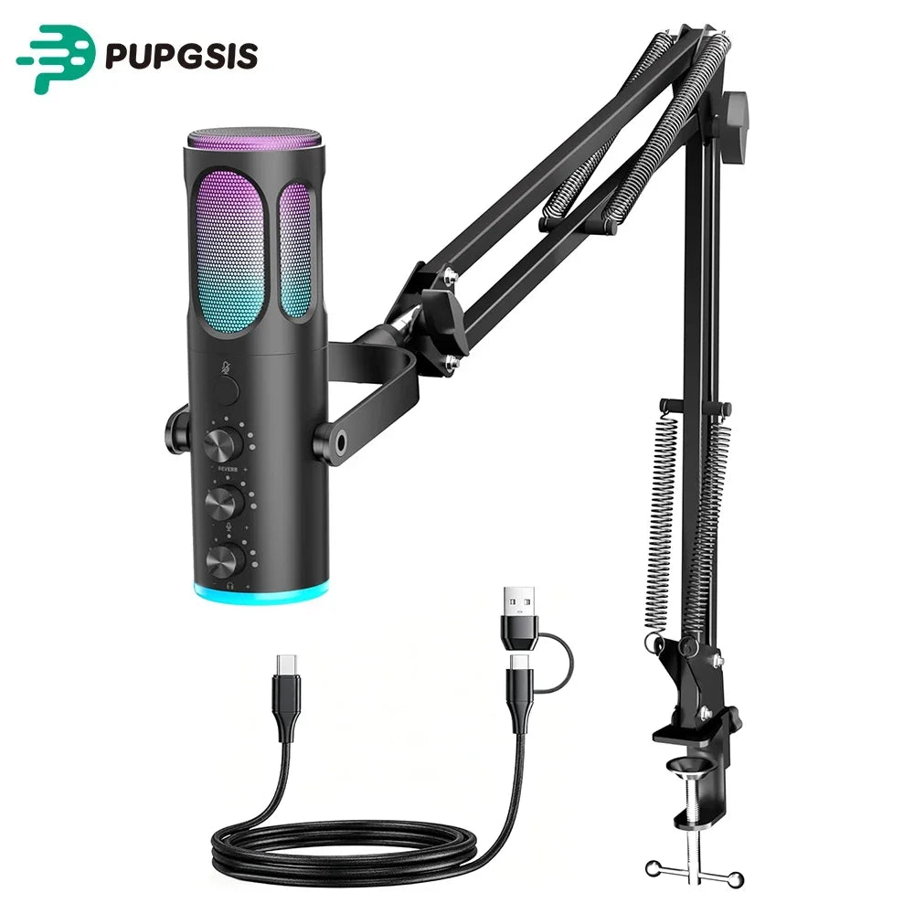 PUPGSIS Gaming USB Microphone, Noise Cancellation Condenser Mic with Mute, Gain, RGB Lights, Boom Arm Stand for Streaming, PC