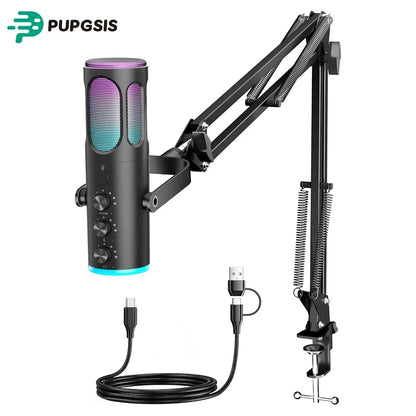PUPGSIS Gaming USB Microphone, Noise Cancellation Condenser Mic with Mute, Gain, RGB Lights, Boom Arm Stand for Streaming, PC