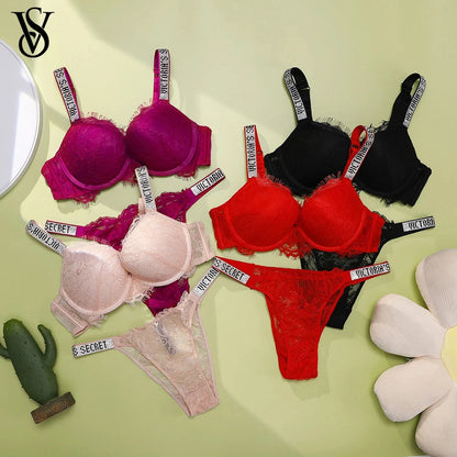 New Women's Sexy Bra and Panty Set Comfortable Push Up Shapewear Adjustable Padded Gathered V Lace Lingerie Set