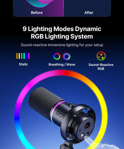 BOYA CastMic S60 USB/XLR Dynamic Microphone with RGB for Gaming, Streaming, Podcasts Studio Grade 4 in 1 Support Phone PC Laptop