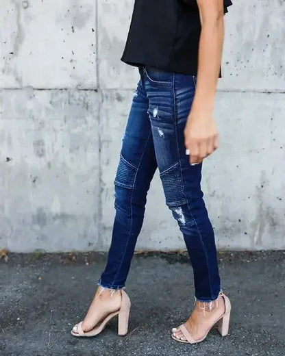 Women Jeans Denim Pencil Pants Pockets Streetwear Slim Mom Holes Punk Sexy Sheath High Waist Washing Distressed Ankle Length