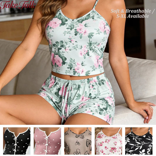 Dam Pyjamas Set Sommar – Blommig Print, Spagettiband V-ringning & Shorts, 10 Motiv