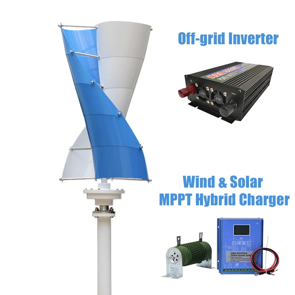 Vertikal Vindturbin 2kW/3kW 12V/24V/48V – Låg Startvindshastighet MPPT Boost, Hybrid Sol+Vind eller Off-Grid Ren Sinusvåg 220V