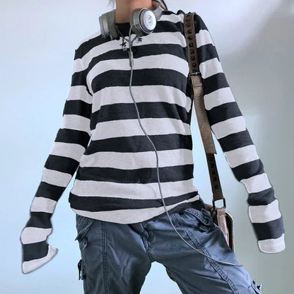Women Teen Girls Fairy Grunge Y2k Long Sleeve Baggy Shirt Tops Striped Baby Tees Vintage Streetwear T-Shirt Autumn Clothes