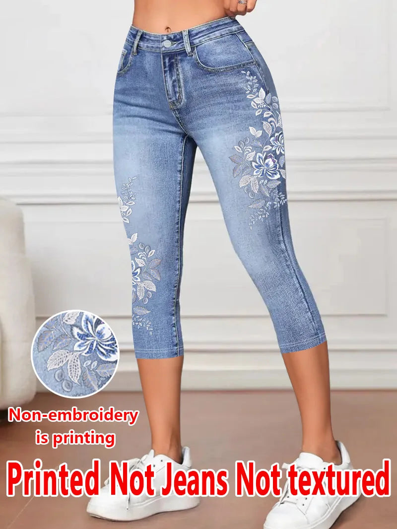 1343 Ladies' Three-Quarter Leggings with Floral Print, Form-Fitting Pants