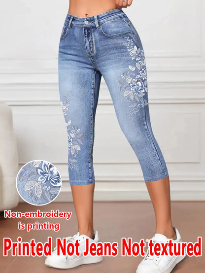 1343 Ladies' Three-Quarter Leggings with Floral Print, Form-Fitting Pants