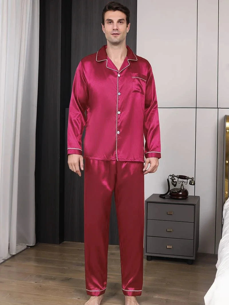 Herr Satinpyjamas – Långärmad Skjorta & Långa Byxor, Lyxig Sommar Loungewear, 4 Färger