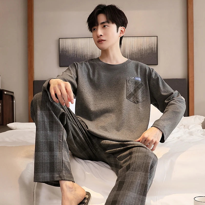 L-5XL Spring and Autumn Knitted Cotton Plaid Pajamas Set Men Long Sleeve Sleepwear Casual Soft Pyjamas Male Home Clothing