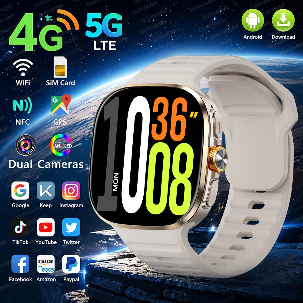 Smartklocka Herr 2026 – 4G/5G SIM, 8GB+128GB, 2,4" AMOLED, GPS, WiFi, Videosamtal & Android-appar