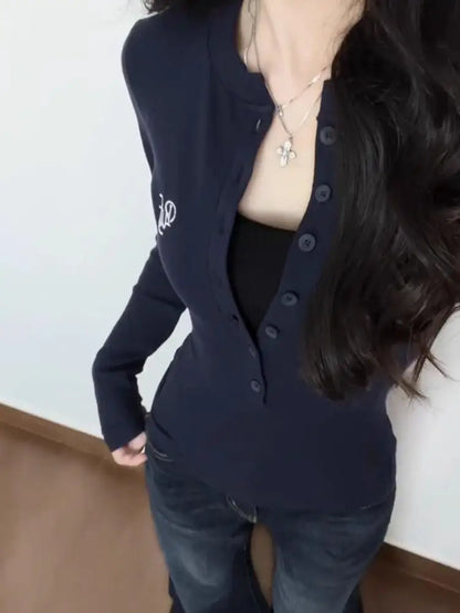 American Style Sweet and Spicy Girl Half Open Collar Base Shirt Women's Autumn Inner Wear Casual Slim Long Sleeve T-Shirt Top