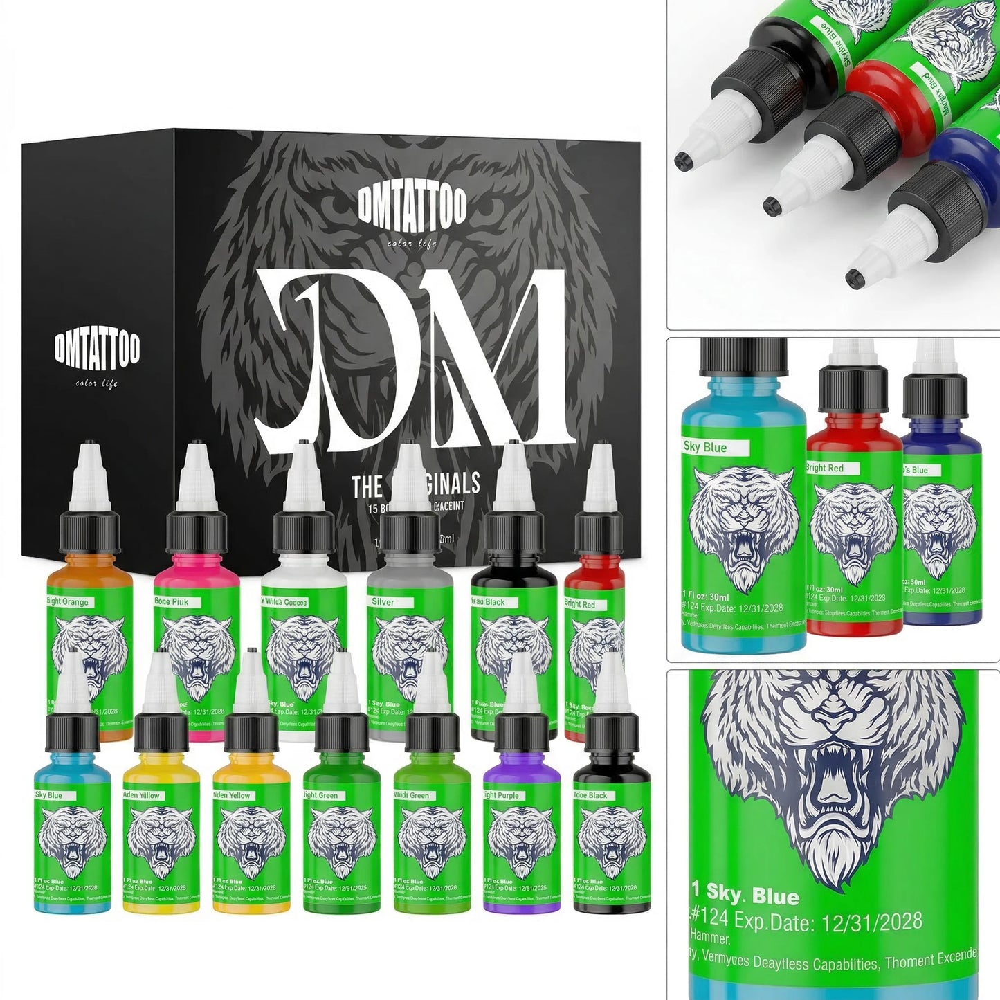 DM Tattoo Ink 15 Color 1OZ/Bottle Natural Plant Extract Pigment Body Painting Long Lasting No Color Loss Professional Tattoo Ink
