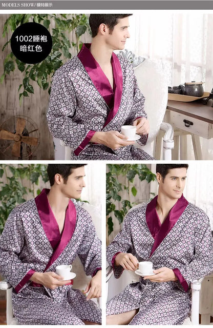 Plus Size 3XL 4XL 5XL Men Robe Sleepwear Navy Blue Stripe Kimono Bathrobe Gown with Pocket Summer Satin Home Clothes Lounge Wear