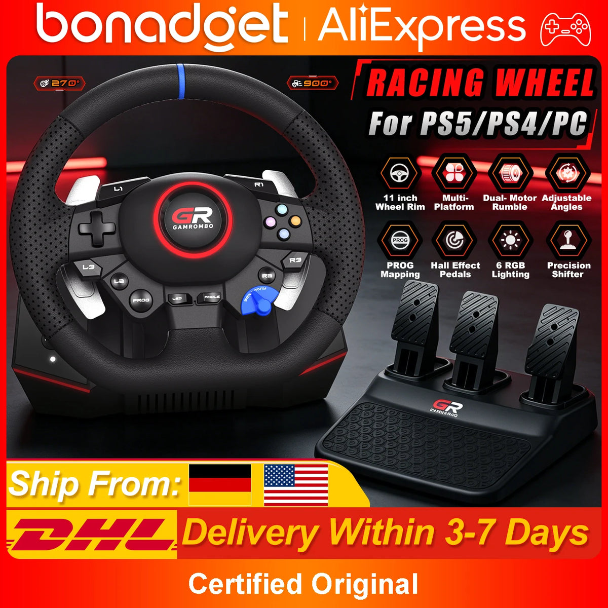 Game Steering Wheel For PS5/PS4/PC Leather 28mm Adjustable 270°-900°Wheels RGB Hall Effect Macro Linear 3Pedals Racing Simulator