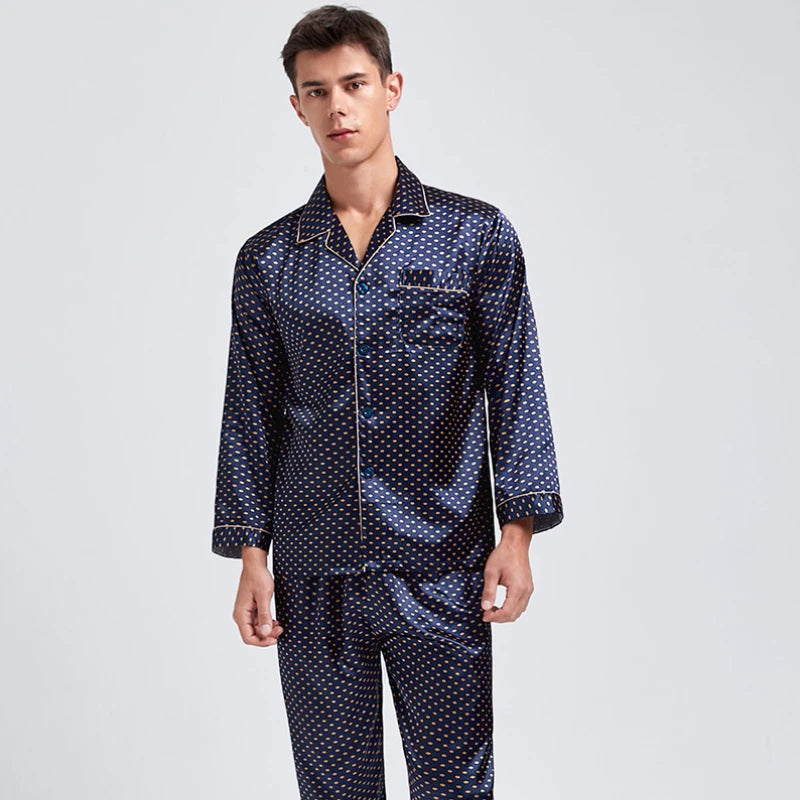 Herr Silk Satin Pyjamas 2-delad – Långärmad Topp & Byxor Tryckt Mönster, Svart/Röd/Marinblå