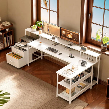 Coleshome desk with Drawers, 189.3 × 100cm Reversible Corner desk Large with 2 sockets & USB Charging Port, White