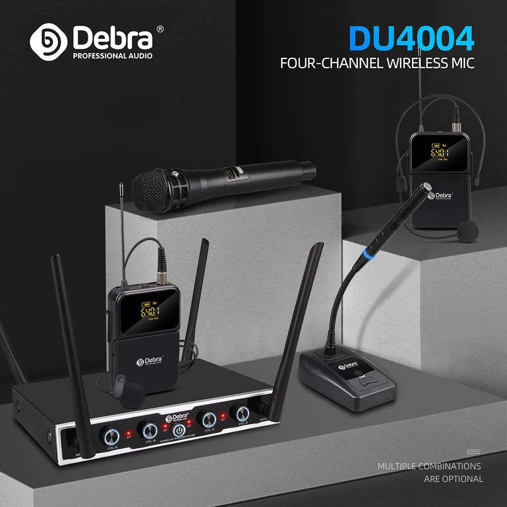 Debra DU4004 Wireless Conference Microphone System, UHF 4-channel, lavalier, headset, handheld microphone, for weddings, karaoke