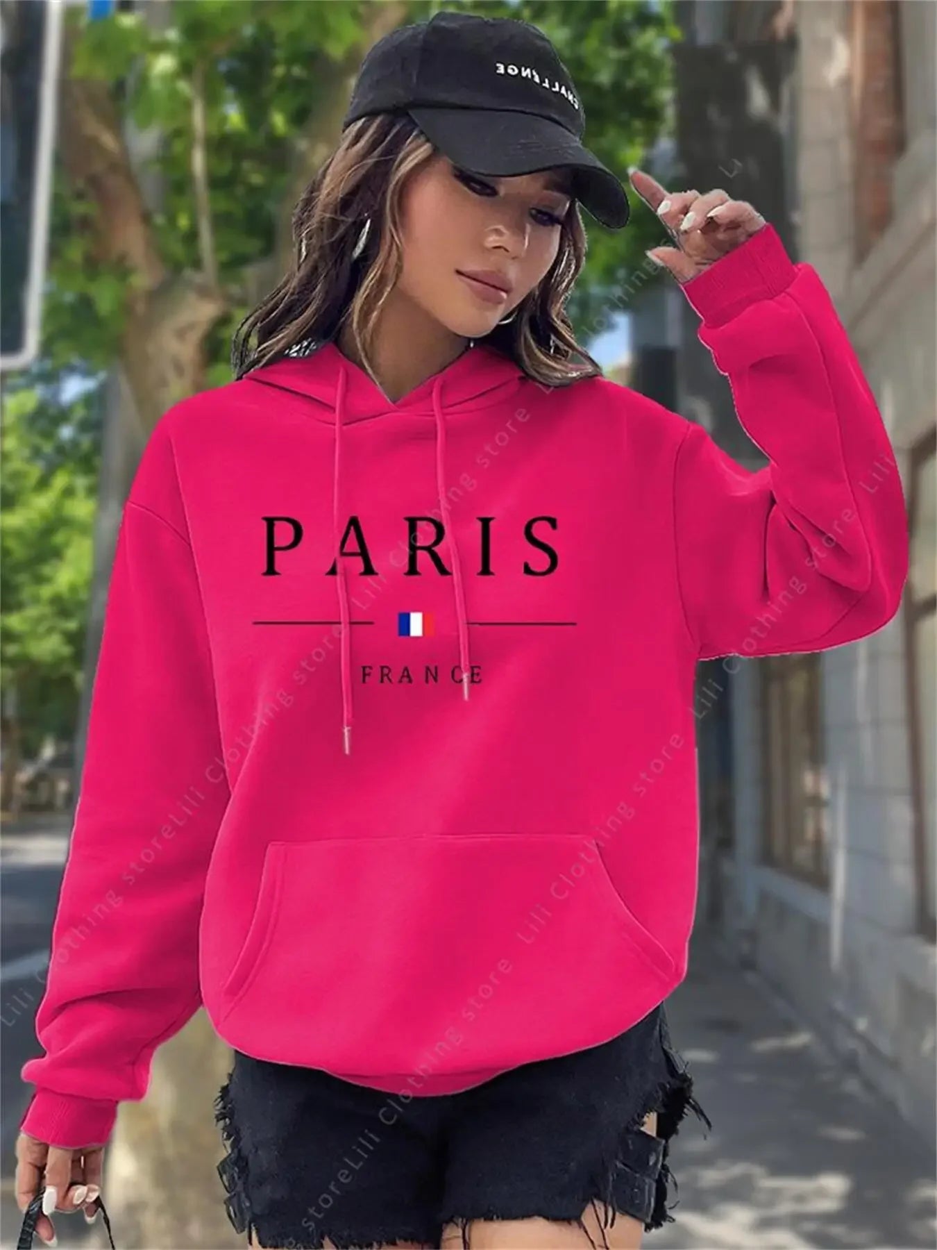 PARIS Graphic Letter Hoodies Women's Hooded Sweatshirt Pullover Top Aesthetic Y2K Street Sport Clothing Woman Hoodie PINK BLACK