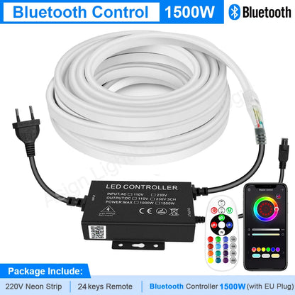 220 V RGB LED-neonlist IP65 med fjärrkontroll, Bluetooth eller Tuya WiFi, 1–100 m