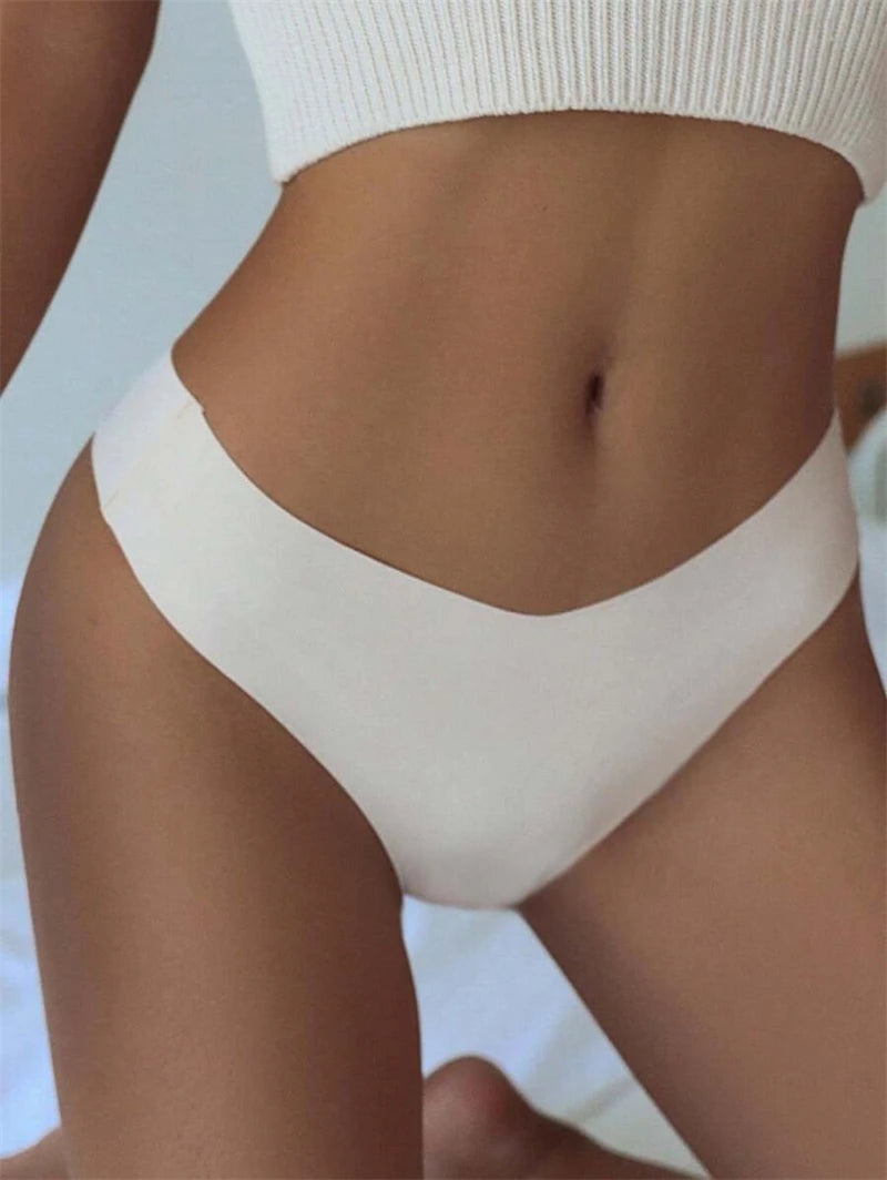 FINETOO 4PCS Silk Satin Seamless Underwear Low Waist Thongs Sexy Solid Color Bikini Underpants Female Stretch Intimates Lingerie
