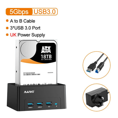 MAIWO HDD Docking Station with USB 3.0 HUB Extension 2.5 3.5 Inch SATA HDD Case Support 24TB with Fast Charge Port HDD Enclosure