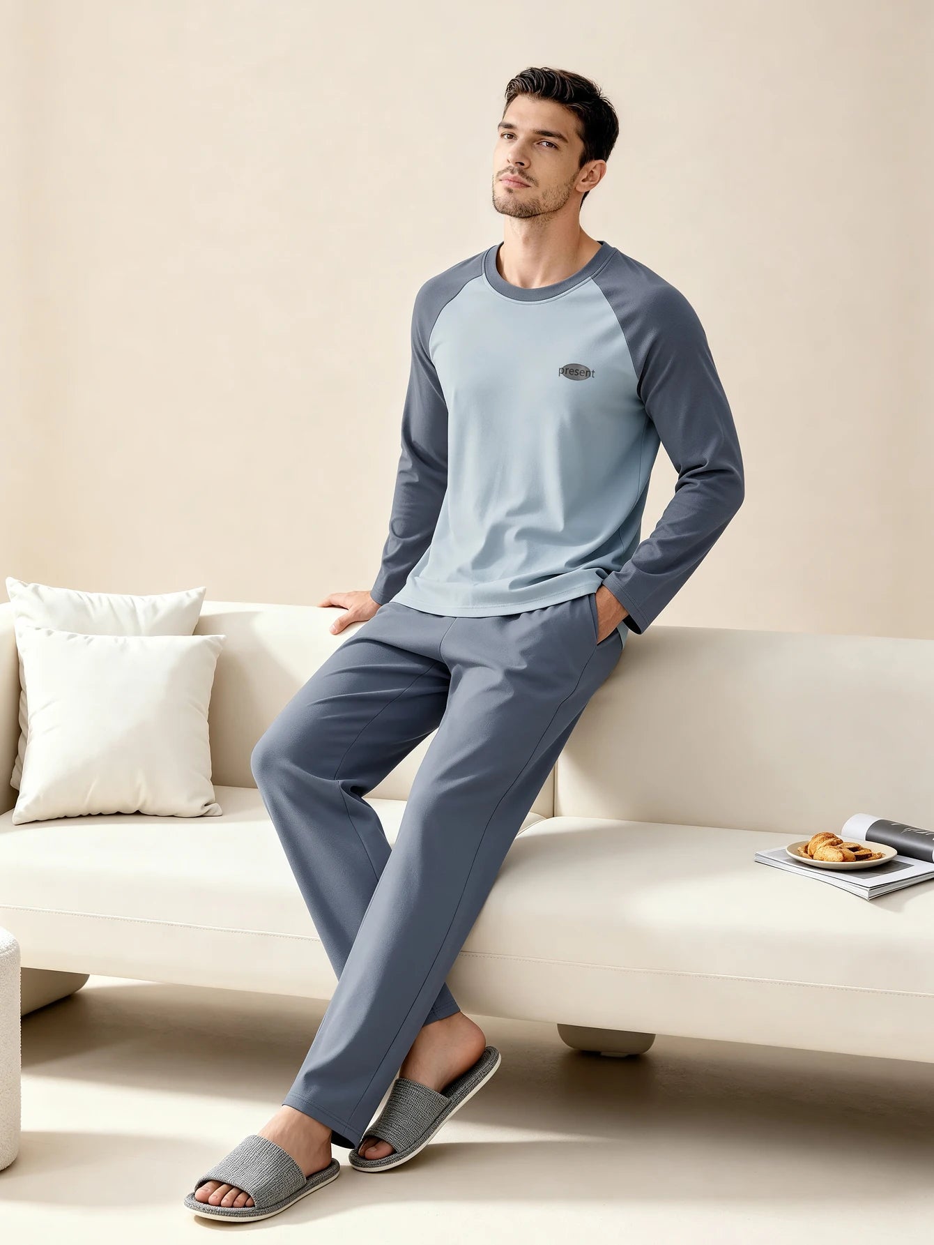 Herr Pyjamas 100% Bomull Långärmad – Fyra Säsonger Plus Size Tonår Hemmaset, L–3XL