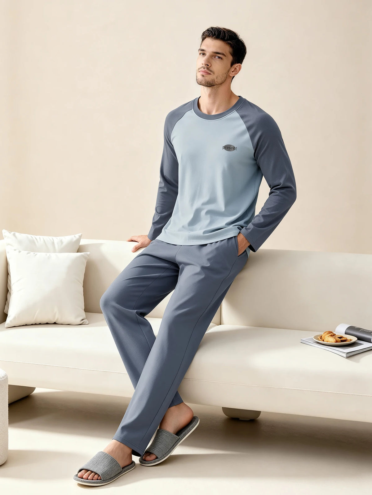 Herr Pyjamas 100% Bomull Långärmad – Fyra Säsonger Plus Size Tonår Hemmaset, L–3XL