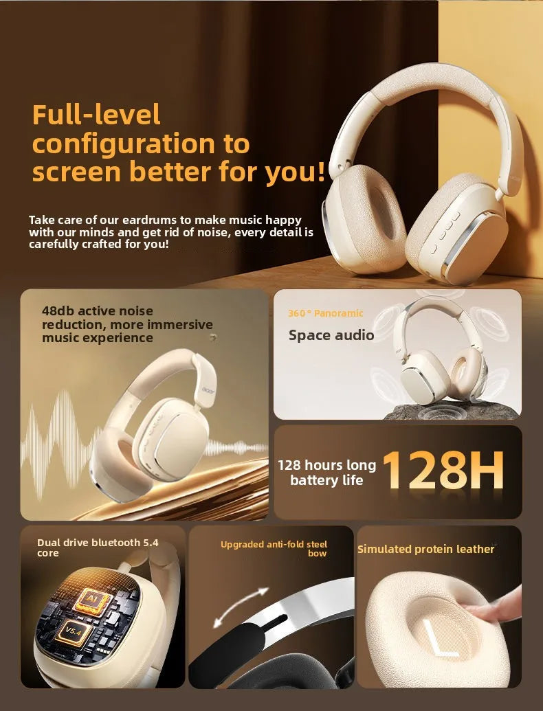 Acer OHR525 Bluetooth Headset ANC – Aktiv Brusreducering -48dB ENC 128h Batteritid 1000mAh USB-C Hopfällbar CE Beige Svart