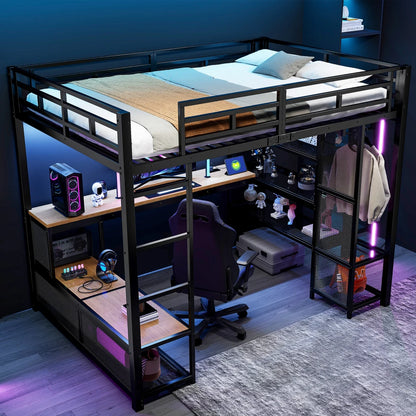 140x200cm Metal High Bed with Storage and Open Wardrobe, Kids Bedroom Bed with USB Connector and LED Lighting, Black/white