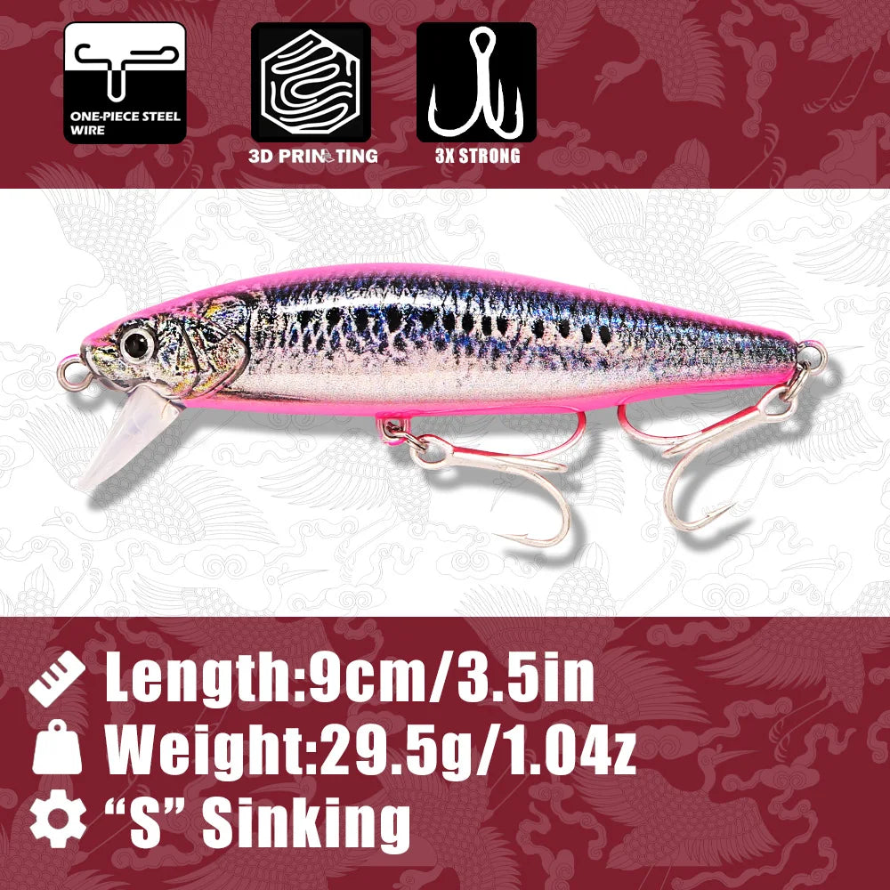 B&U Sinking Sea Fishing Minnow Lure  Long Cast Hard Bait with Sharp Treble Hooks, Saltwater Lures for Sea Bass Pike