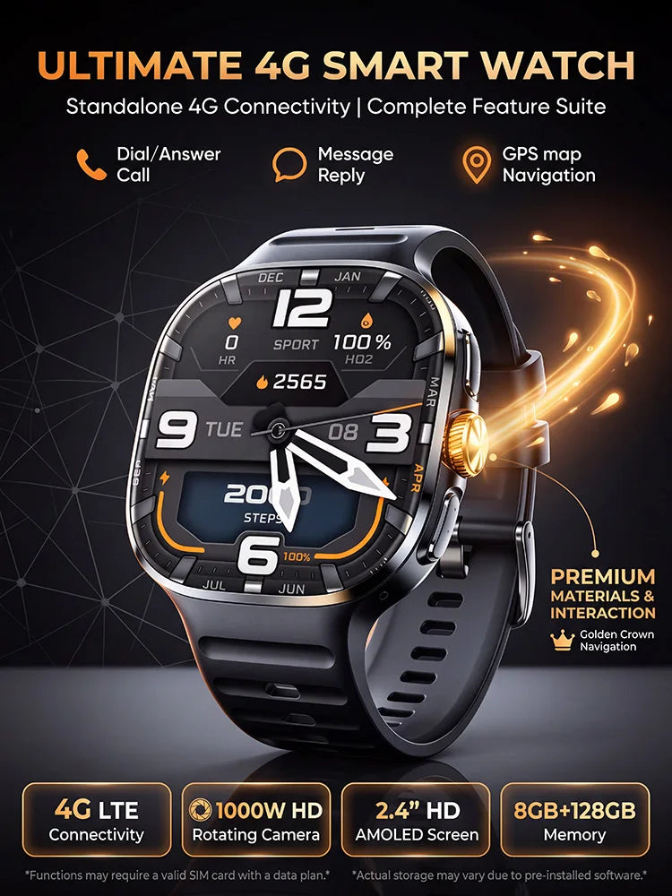 2026New 5G SIM Smart Watch 2.4" AMOLED 8+128GB GPS+NFC WIFI 1000W HD Camera IP68Waterproof Health Monitor Android Smartwatch Men