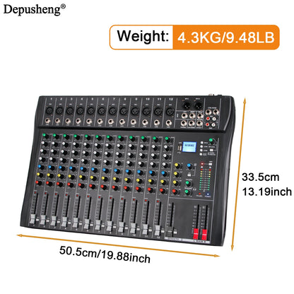 Audio Mixer 6/8/12 Channels Professional DJ Mixer LR Microphone/Line Input, AUX, FX Processor MP3, Headphones, +48V Phantom
