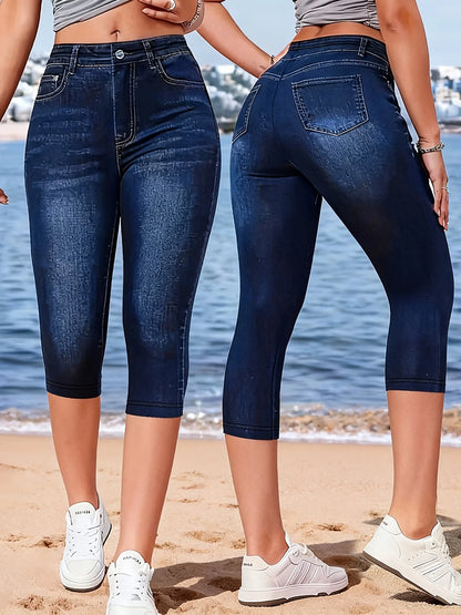Printed Leggings - Non-Denim Fabric, Women's Summer Capri Leggings, Denim-Look Printed Leggings