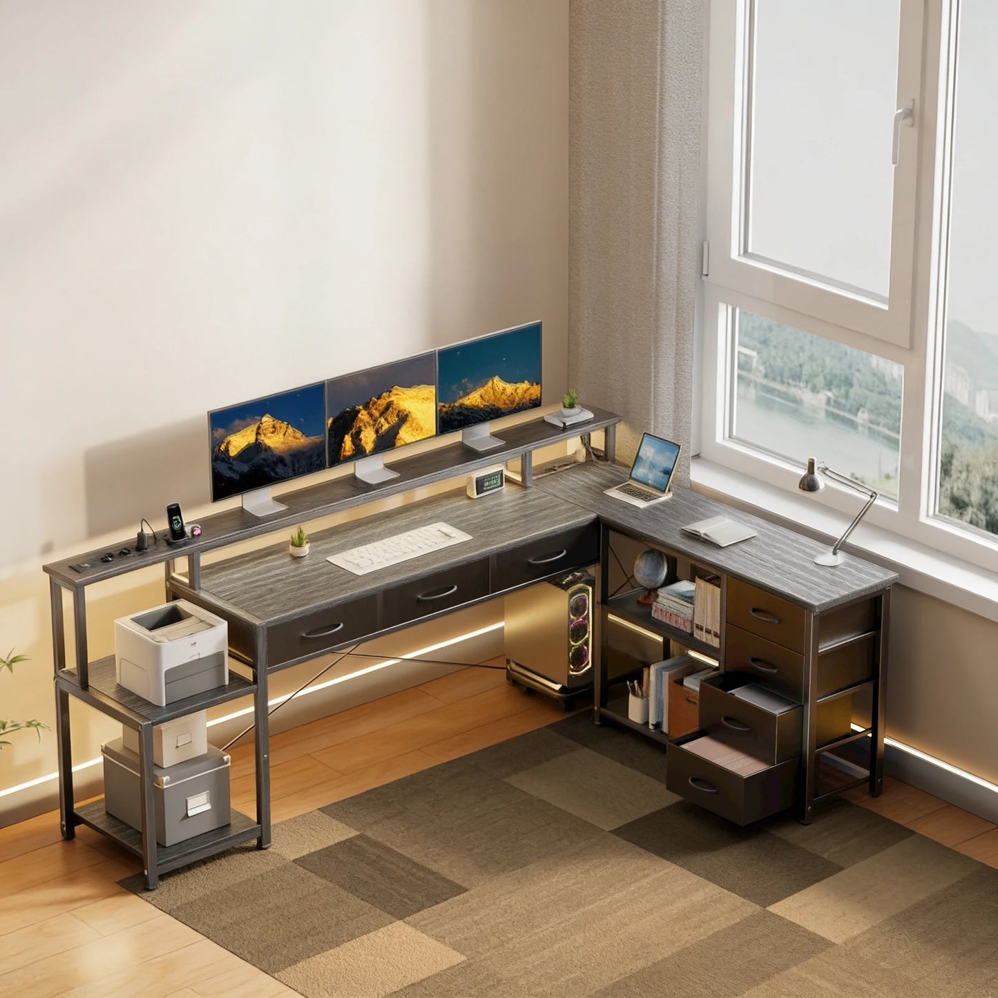 L Shaped Computer Desk with RGB LED Lights Reversible Gaming Desk Power Outlet Monitor Stand Drawers Storage