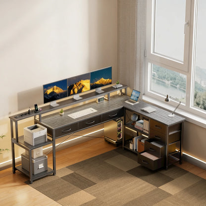 L Shaped Computer Desk with RGB LED Lights Reversible Gaming Desk Power Outlet Monitor Stand Drawers Storage
