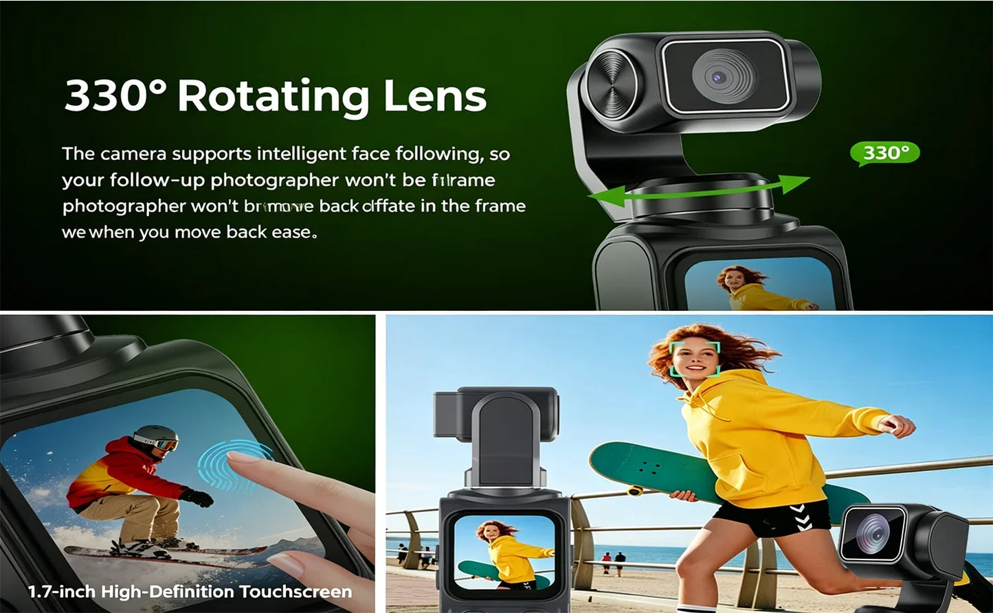 4K  Action Camera 180° Auto-rotate Len Pocket Camera 1.9" Touchscreen Zoom Sport Cam Portable Vlog Video Recorder Cycling