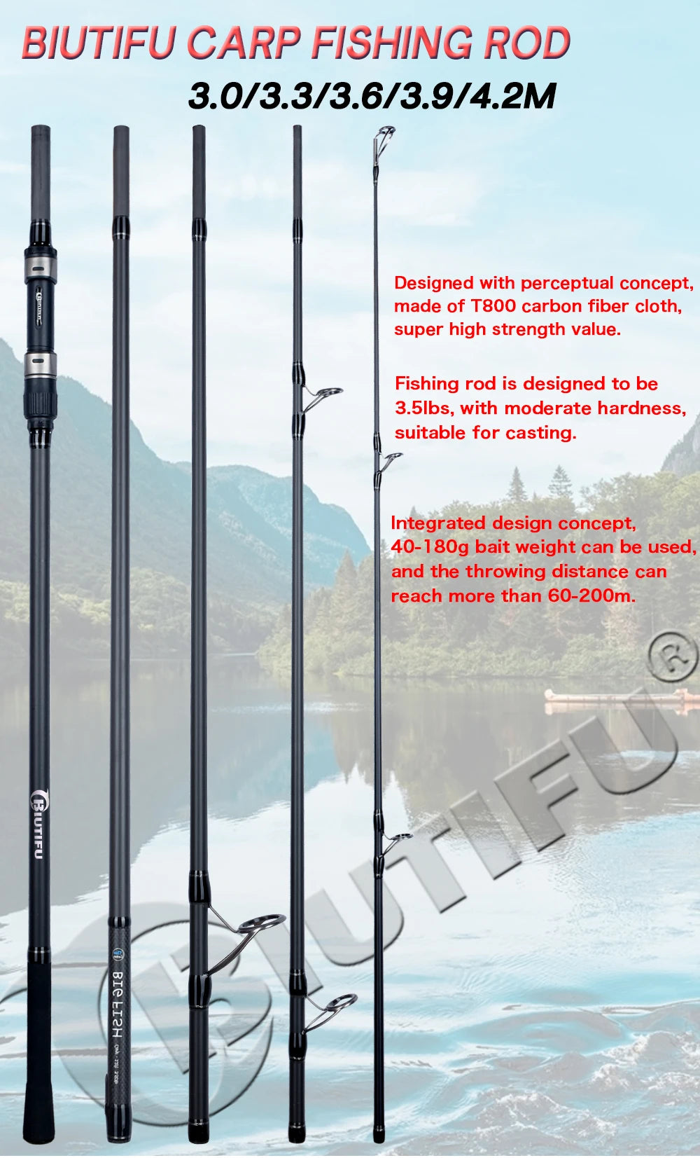 BIUTIFU BIGFISH Carp Surfcasting Rock Fishing Rod 3.0/3.6/3.9/4.2/4.5m T800Carbon 3.5lb Shore Casting 40-200g Spinning Hard Pole