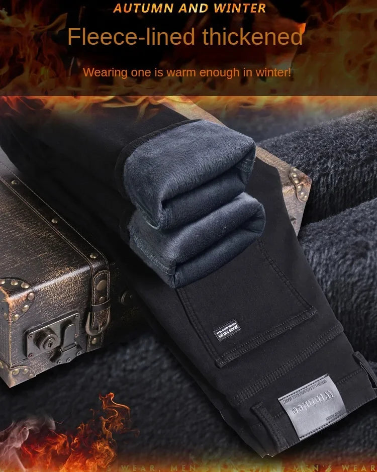 2026 Brand Brushed Jeans Winter Jeans Men Slim Fit Stretch Thick Velvet Pants Warm Jeans Casual Fleece Trousers Male