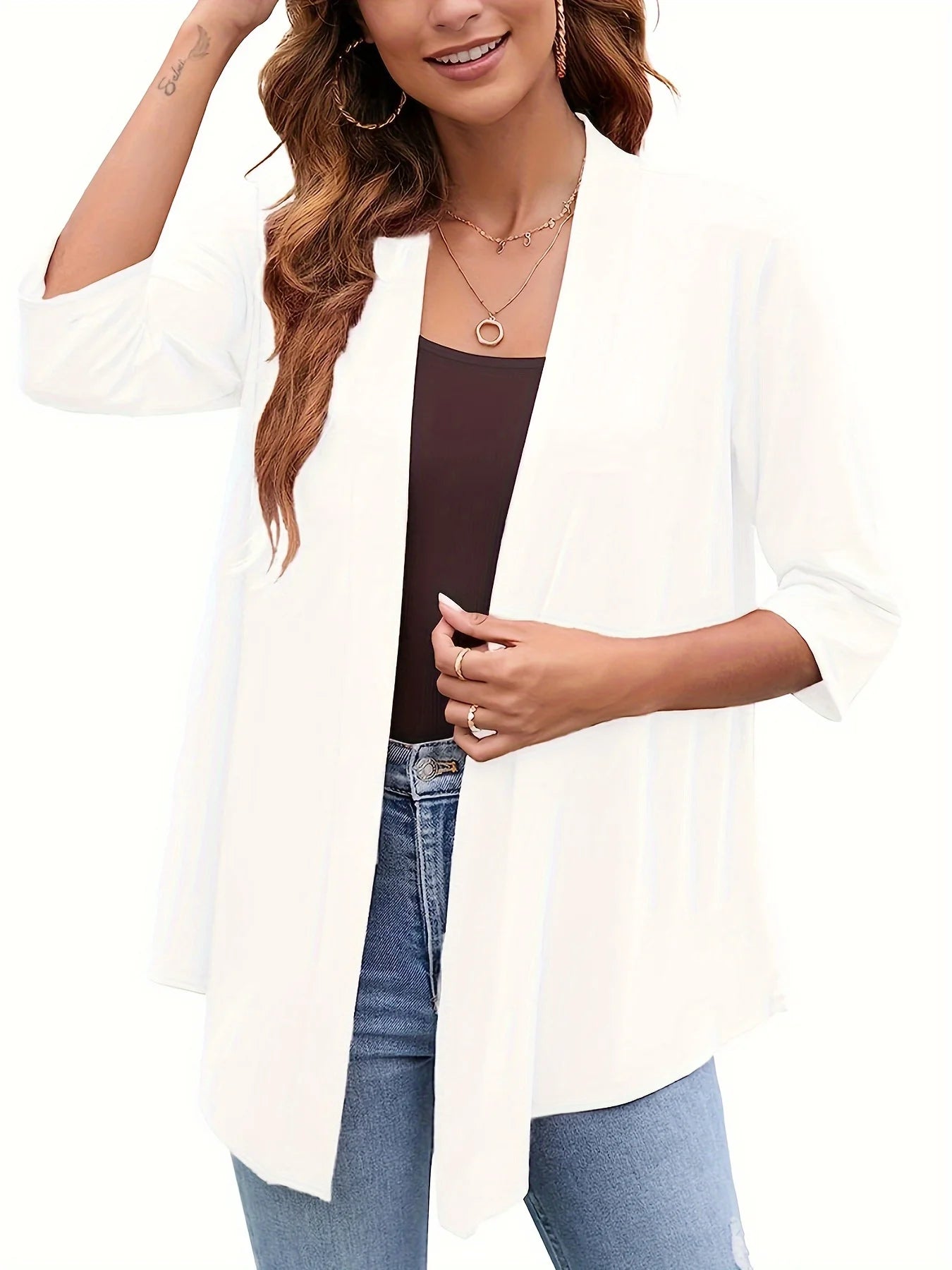 Dam Plus Size Lättviktig Öppen Kofta – Casual 3/4-ärm Mjuk Drapering Mångsidigt Vår/Sommar, 4 Färger 1XL–5XL