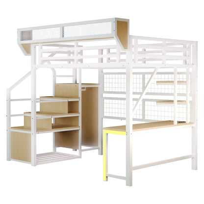 90×200cm & 140*200cm Metal High Bed, with Desk, Shelf and Storage Net, Complete with Safety Ladder, LED Lighting and Socket