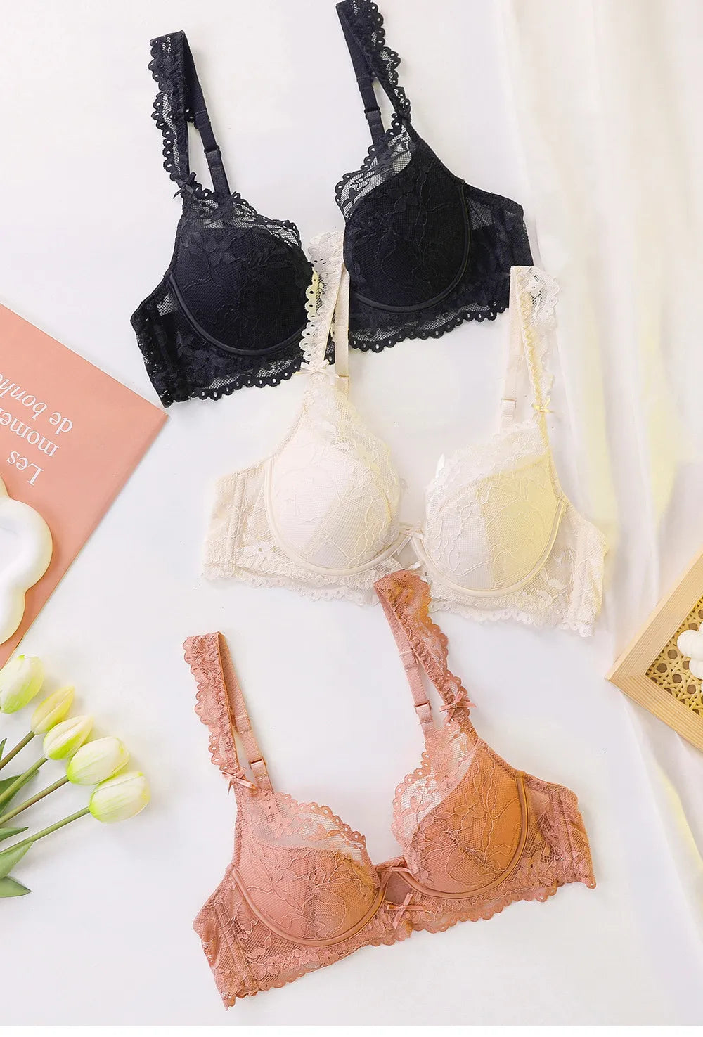 Ladies Soft Underwire Lace Push Up Bra Set Solid Floral Design Bralette Comfort Female Lingerie Set Suitable For A/B/C Cup