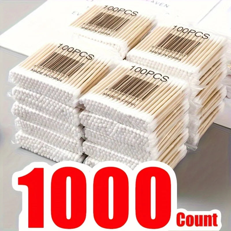 1000Count Cotton Swabs - Bamboo Sticks Cotton Swabs For Ears - Double Round Thick Cotton Buds Suitable For Makeup And Cleaning
