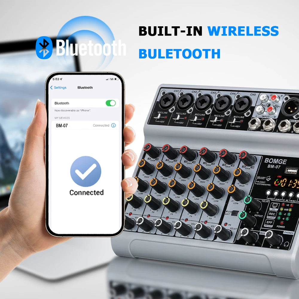 BOMGE BM-07 7-kanals ljudmixer med USB och Bluetooth