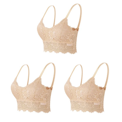 3PCS Women's Lace Bras Top Comfortable Bralette Solid Color Sexy Underwear Vest Female Hollow Out Wireless Lingerie Seamless Bra