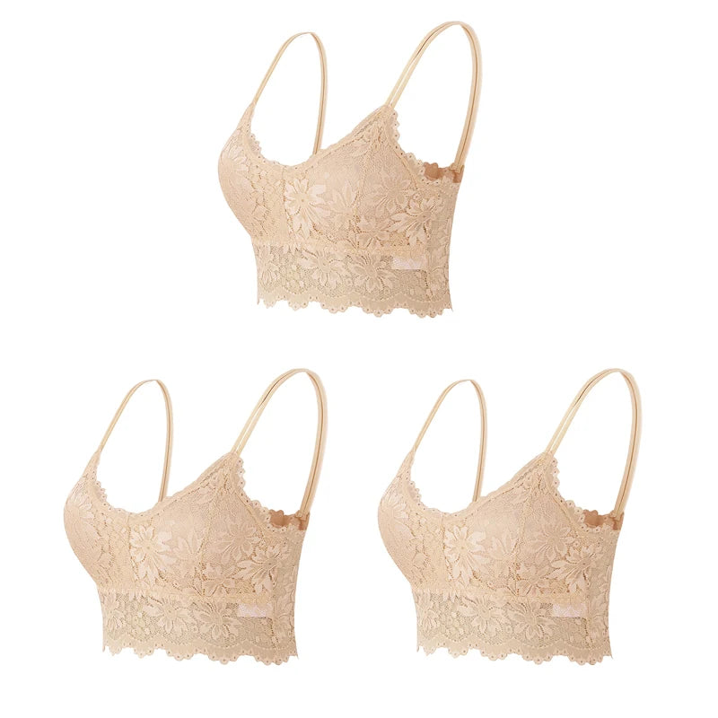 3PCS Women's Lace Bras Top Comfortable Bralette Solid Color Sexy Underwear Vest Female Hollow Out Wireless Lingerie Seamless Bra
