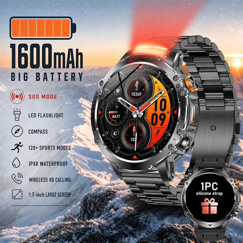 2026 New Men Outdoor Smart Watch 1.7" IPS 1600mAh  Battery Bluetooth Call IPX8 Waterproof Flashlight SOS Compass 120+Sport Modes