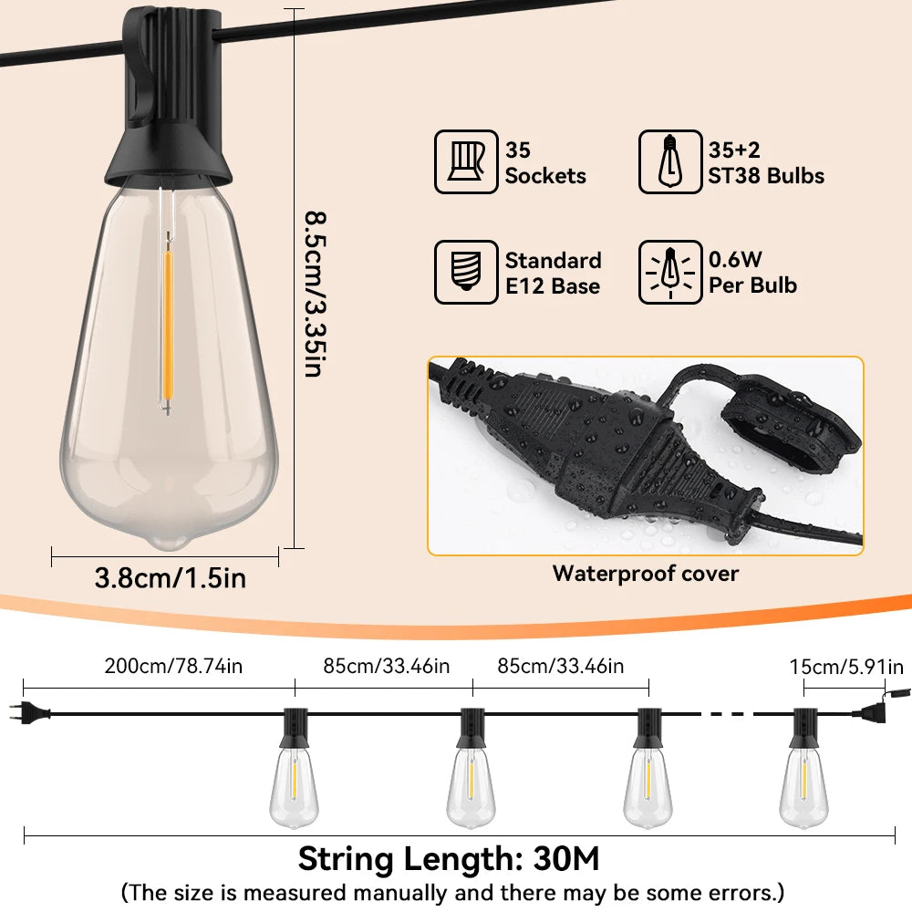 Arbrac ST38 LED-ljusslinga Utomhus IP44 – Varmvit 2200K Krossäker Fjärrkontroll Dimmer 15/18/20/30m Trädgård Bröllop Jul CE RoHS