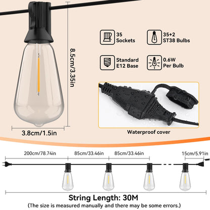 Arbrac ST38 LED-ljusslinga Utomhus IP44 – Varmvit 2200K Krossäker Fjärrkontroll Dimmer 15/18/20/30m Trädgård Bröllop Jul CE RoHS