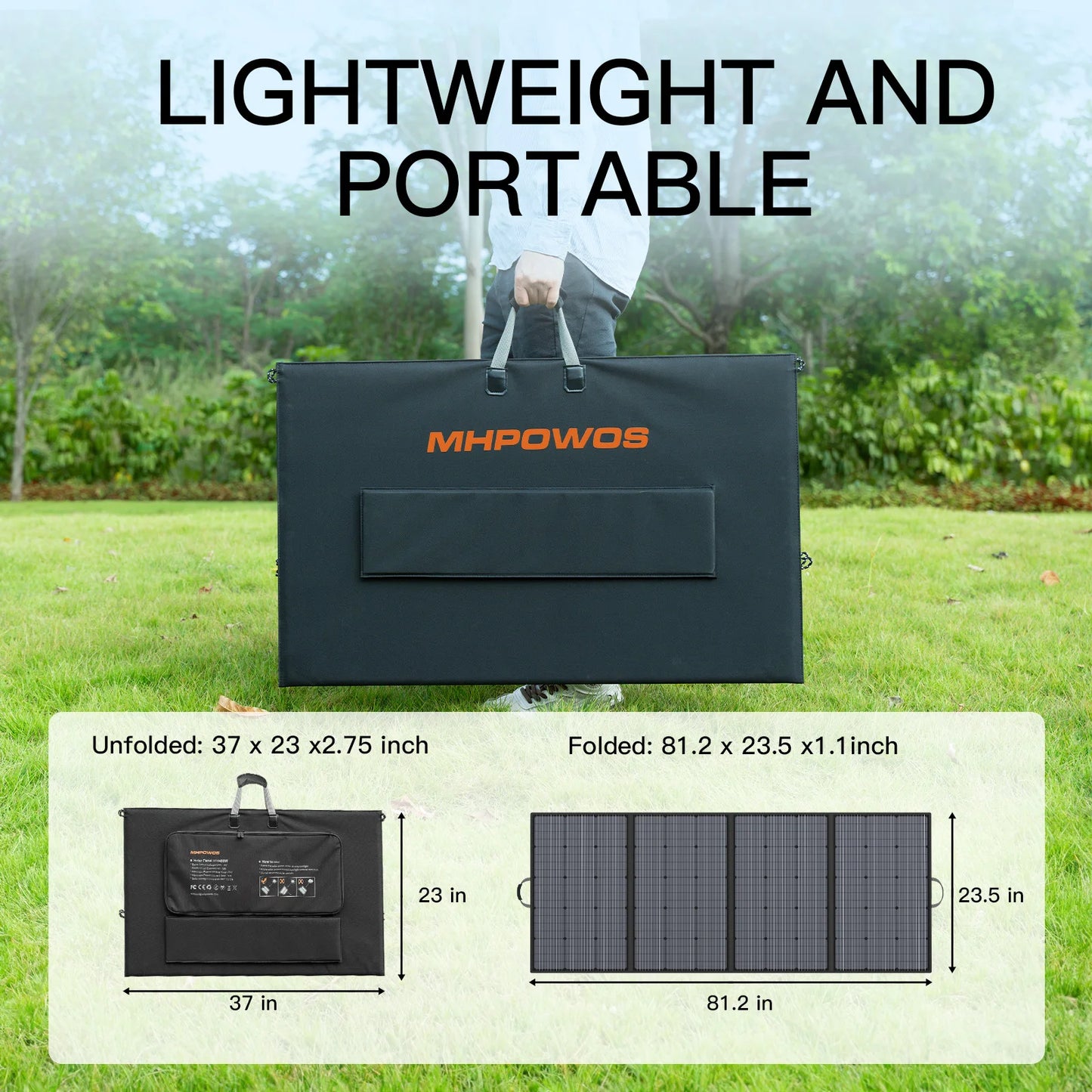 MHPOWOS Portabel Solpanel – 110W/220W/400W, Monokristallin 23,5%, IP67, Kickstands, Jackery/EcoFlow/Bluetti, Camping/Husbil/Off-Grid, Multi-lager