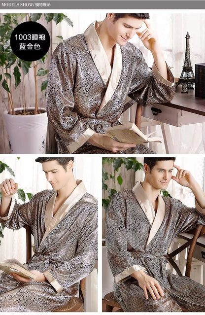 Plus Size 3XL 4XL 5XL Men Robe Sleepwear Navy Blue Stripe Kimono Bathrobe Gown with Pocket Summer Satin Home Clothes Lounge Wear