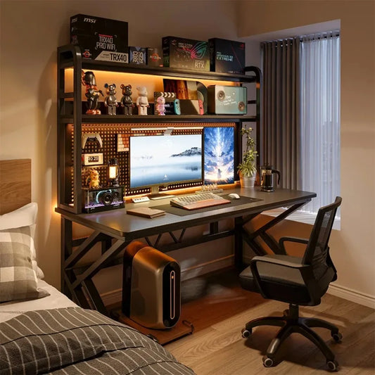 NallonHU Gaming- och Studieskrivbord med Bokhylla och Pegboard – K-Ben Dubbla Kabelhål 80–160cm Svart Valnöt Varmvit